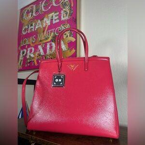 Authentic Prada Pink Saffiano Leather Satchel with Top Handles/Crossbody Strap